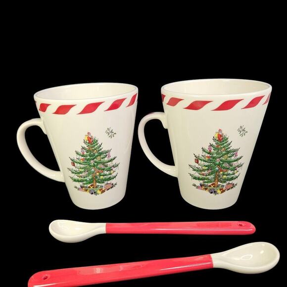 Spode Christmas Tree Conical Mugs Cup Peppermint Spoon Set 2 Coffee Cocoa READ - Picture 3 of 12